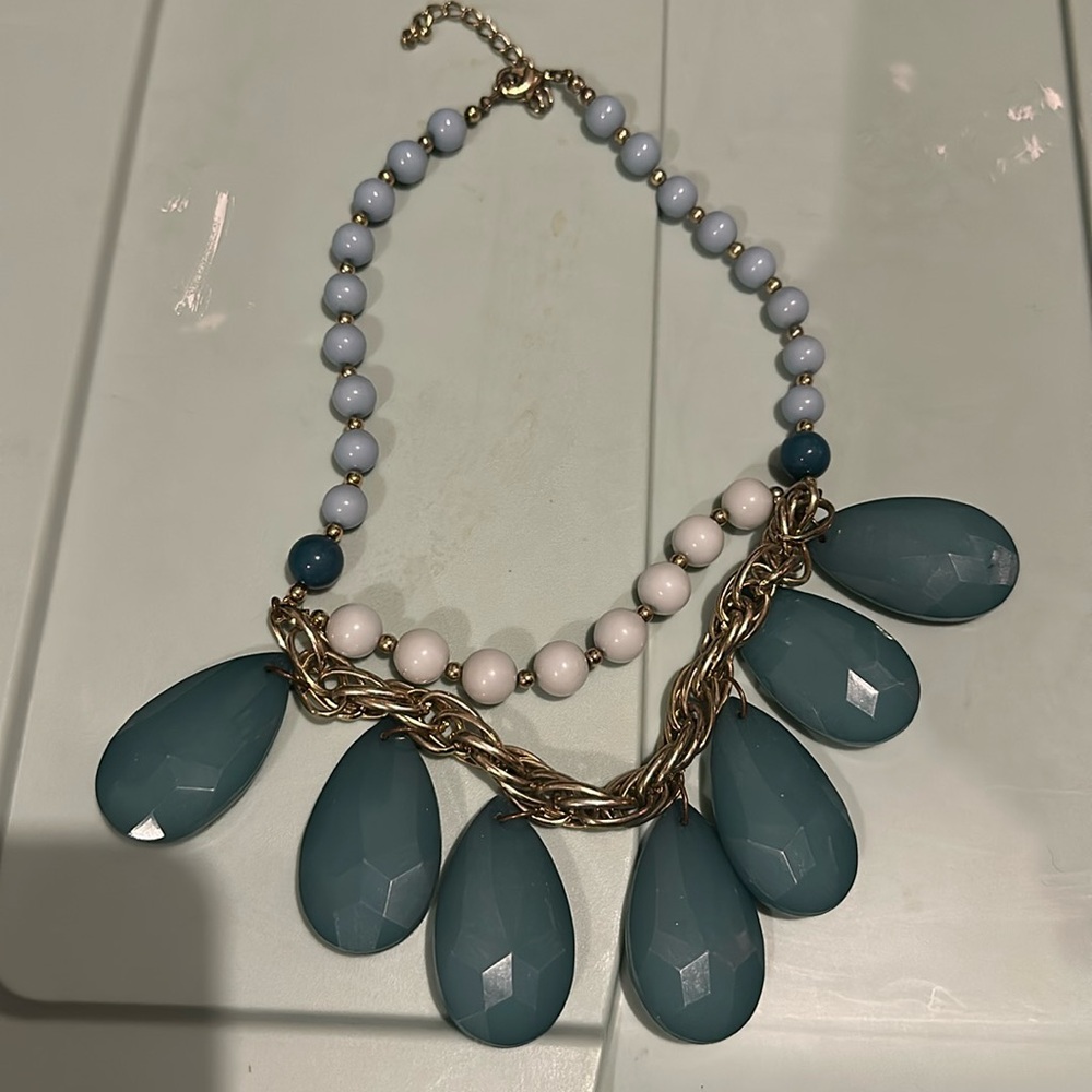Turquoise Faceted Large Teardrop Bead Statement Necklace and Aqua Beads 17-20”